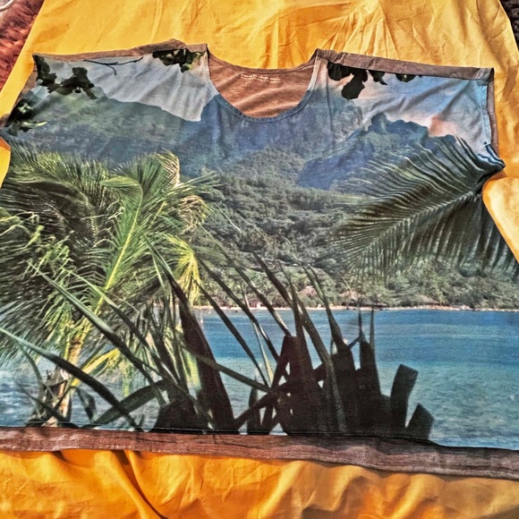 T-SHIRT, BEACH SCENE, SOFT GREY MIX (Blues/Greens/Greys), SIZE 5X, SHORT SLEEVES - Picture 2 of 9